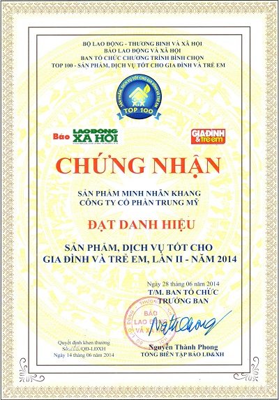 Giấy chứng nhận TPCN Minh Nhãn Khang vinh dự đón nhận “Top 100 sản phẩm tốt cho gia đình, trẻ em” năm 2014