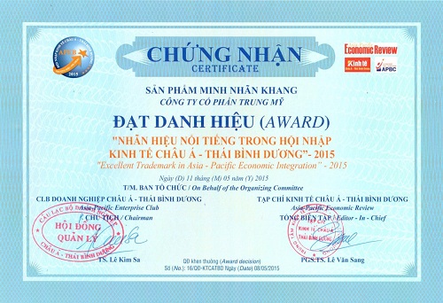 Giấy chứng nhận TPCN Minh Nhãn Khang vinh dự đón nhận danh hiệu " Nhãn hiệu nổi tiếng trong hội nhập kinh tế Châu Á - Thái Bình Dương" 2015