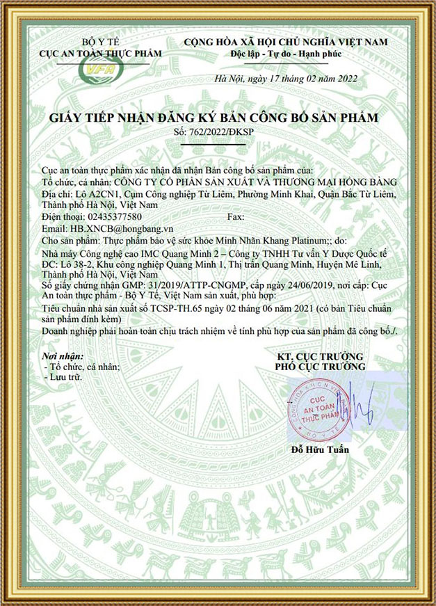 Giấy phép của Minh Nhãn Khang Platinum do Cục ATTP – Bộ Y tế cấp